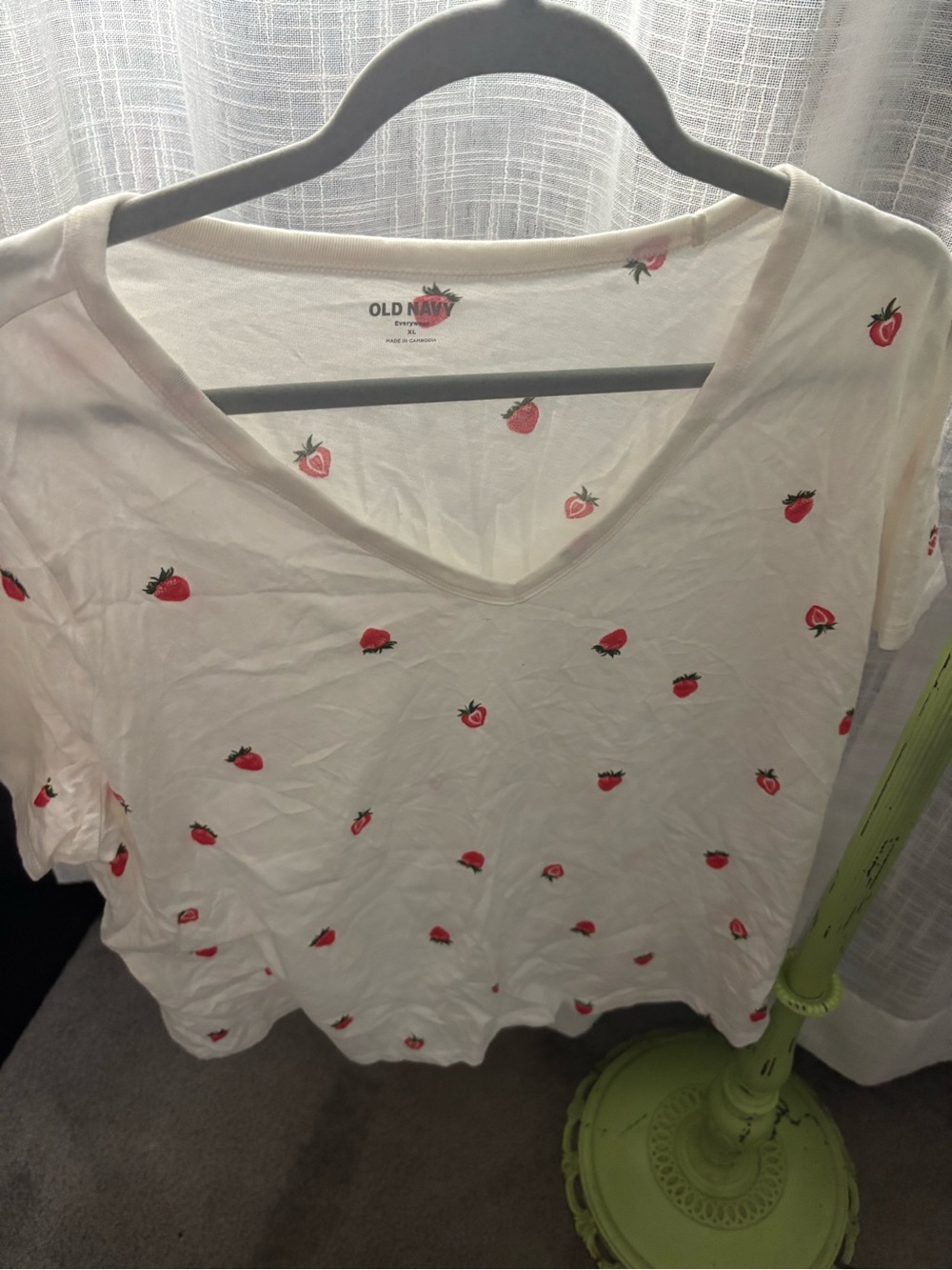 Old Navy White V-Neck Tee with Red Strawberry Print